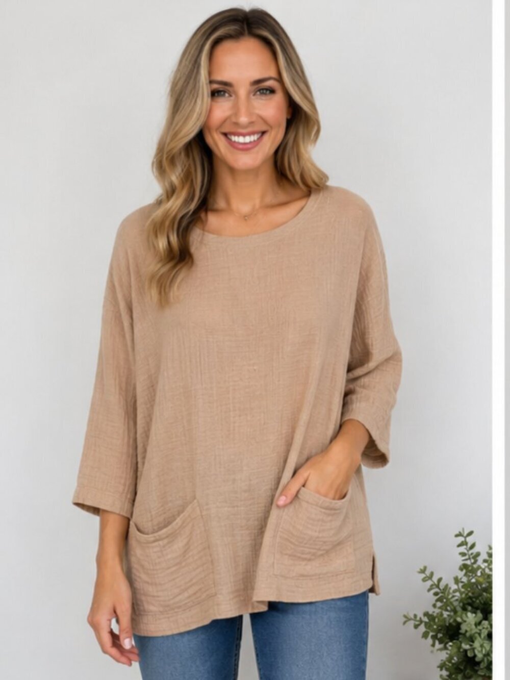 Eileen Fisher Rustic Organic Linen Cotton Doubleweave Top XS Beige